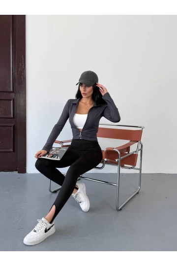 Kadın Antrasit Dalgıç Kumaş Fermuar Kapamalı Parmak Geçirmeli Sweatshirt HZL25W-FRY123441