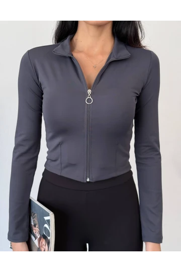 Kadın Antrasit Dalgıç Kumaş Fermuar Kapamalı Parmak Geçirmeli Sweatshirt HZL25W-FRY123441