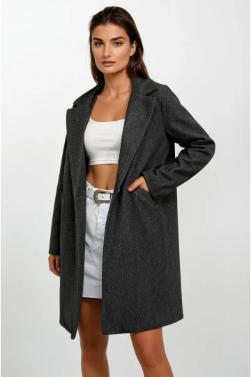 Kadın Antrasit Tek Düğmeli Çift Cepli Astarlı Şık Kaşe Kaban HZL23W-BD190851