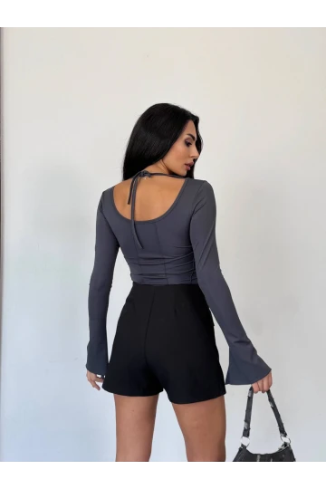 Kadın Antrasit Uzun Kollu Arkası Bağlamalı Fit Kesim Crop Bluz HZL25W-FRY122771