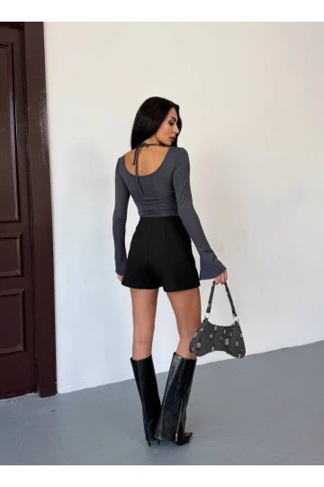 Kadın Antrasit Uzun Kollu Arkası Bağlamalı Fit Kesim Crop Bluz HZL25W-FRY122771