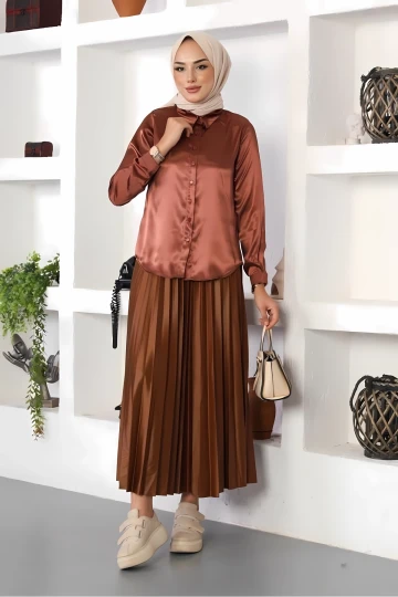 Kadın Bakır Saten Yüzeyli Tesettür Gömlek HZL25W-BD139641