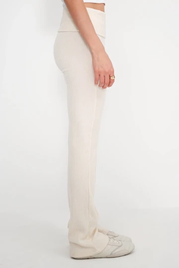 Kadın Bej Bel Katlamalı Fitilli Triko Pantolon HZL25W-ZK1981