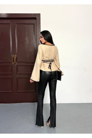 Kadın Bej İp Bağlamalı Biye Detaylı Uzun Kollu Keten Bluz HZL25W-FRY123691