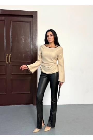 Kadın Bej İp Bağlamalı Biye Detaylı Uzun Kollu Keten Bluz HZL25W-FRY123691