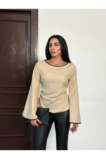 Kadın Bej İp Bağlamalı Biye Detaylı Uzun Kollu Keten Bluz HZL25W-FRY123691