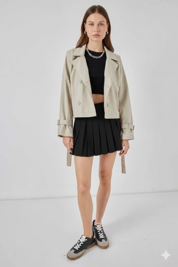 Kadın Bej Kruvaze Yaka Kuşaklı Astarlı Kısa Trençkot HZL25W-BD159701