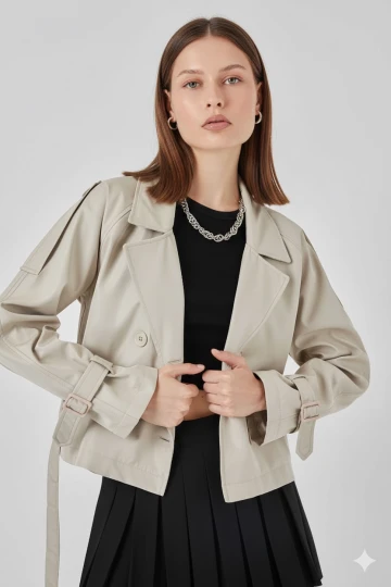 Kadın Bej Kruvaze Yaka Kuşaklı Astarlı Kısa Trençkot HZL25W-BD159701