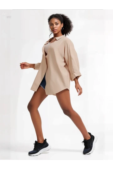 Kadın Bej Oversize Uzun Basic Gömlek HZL22W-BD139001