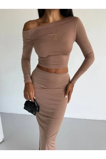 Kadın Bej Tek Omuz Drapeli Sandy Kumaş  İkili Takım HZL25W-FRY122511