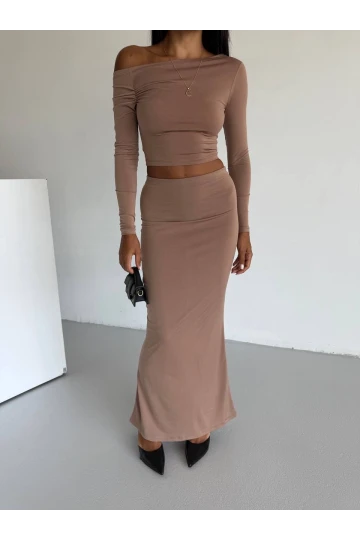 Kadın Bej Tek Omuz Drapeli Sandy Kumaş  İkili Takım HZL25W-FRY122511