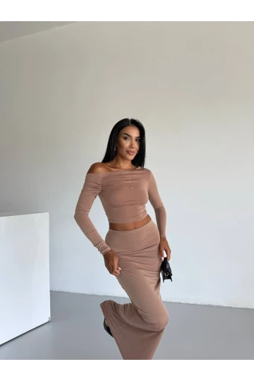 Kadın Bej Tek Omuz Drapeli Sandy Kumaş  İkili Takım HZL25W-FRY122511