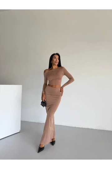 Kadın Bej Tek Omuz Drapeli Sandy Kumaş  İkili Takım HZL25W-FRY122511