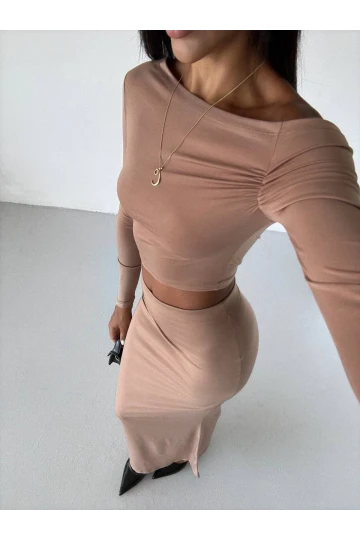 Kadın Bej Tek Omuz Drapeli Sandy Kumaş  İkili Takım HZL25W-FRY122511