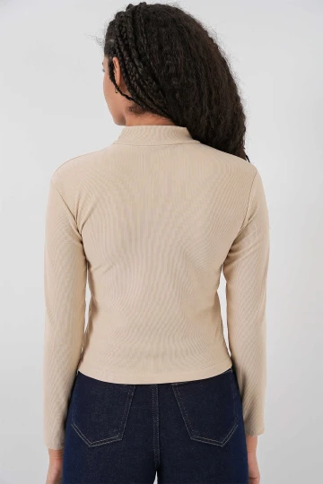 Kadın Bej Yarım Balıkçı Önü Taşlı Body HZL25W-BD19221