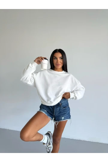 Kadın Beyaz Bisiklet Yaka 2 İplik Sweatshirt HZL25W-FRY123391