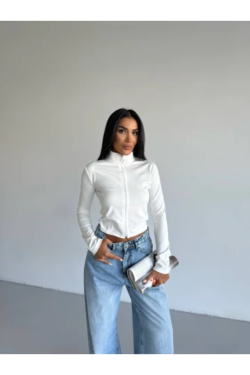 Kadın Beyaz Dalgıç Kumaş Fermuar Kapamalı Parmak Geçirmeli Sweatshirt HZL25W-FRY123441