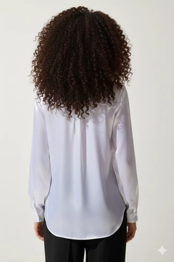 Kadın Beyaz Hafif Dökümlü Saten Yüzeyli Gömlek HZL22W-BD139641
