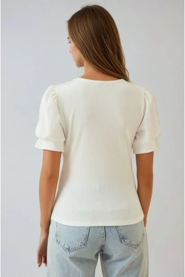 Kadın Beyaz Kare Yaka Örme Bluz HZL22W-BD104091