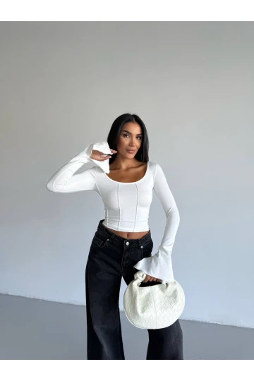 Kadın Beyaz Uzun Kollu Arkası Bağlamalı Fit Kesim Crop Bluz HZL25W-FRY122771