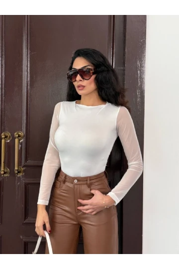 Kadın Beyaz Uzun Tül Kol Sandy Bluz HZL25W-FRY122521