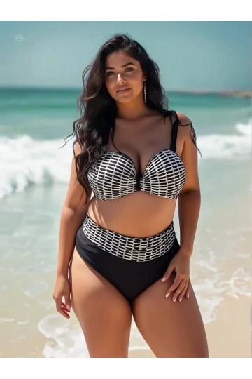 Kadın Beyaz Zincir Desenli Büyük Beden Astarlı Siyah Bikini Takım HZL25S-LC3303
