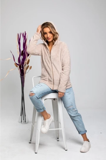 Kadın Bisküvi Welsoft esnek kumaş Peluş Yumoş Önü Fermuarlı Kapüşonlu Ceket HZL23W-DSB110081