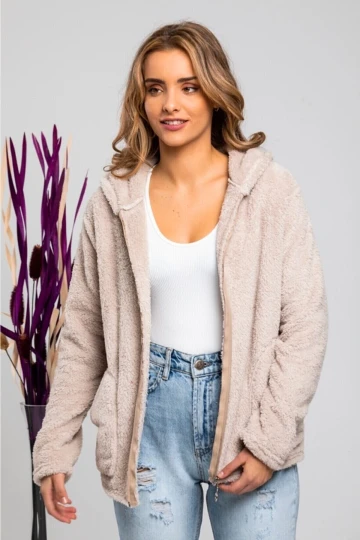 Kadın Bisküvi Welsoft esnek kumaş Peluş Yumoş Önü Fermuarlı Kapüşonlu Ceket HZL23W-DSB110081