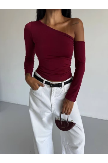 Kadın Bordo Asimetrik Yaka Drapeli Sandy Bluz HZL25S-FRY123361