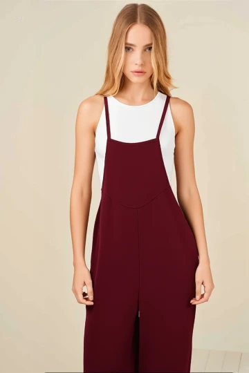 Kadın Bordo Ayarlanabilir Askılı Cepli Bol Paça Bahçıvan Tulum Hzl22s-bd170191
