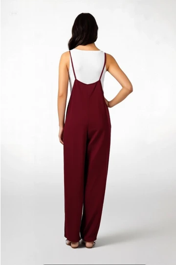 Kadın Bordo Ayarlanabilir Askılı Cepli Bol Paça Bahçıvan Tulum Hzl22s-bd170191
