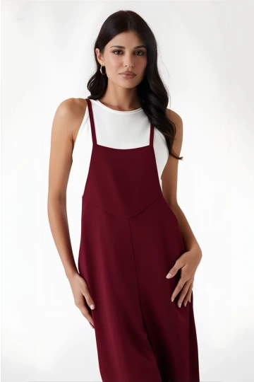Kadın Bordo Ayarlanabilir Askılı Cepli Bol Paça Bahçıvan Tulum Hzl22s-bd170191