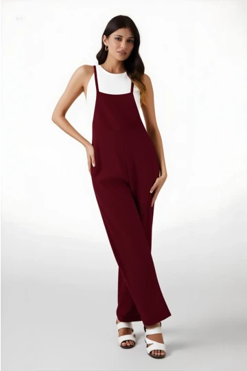 Kadın Bordo Ayarlanabilir Askılı Cepli Bol Paça Bahçıvan Tulum Hzl22s-bd170191