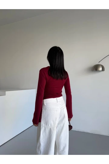 Kadın Bordo Drape Detaylı İspanyol Kol Sany Bluz HZL25W-FRY123431