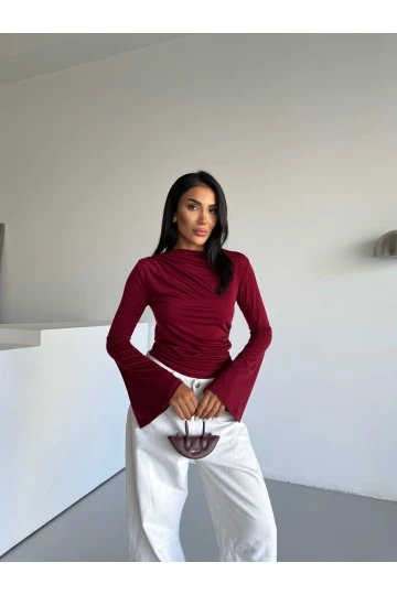 Kadın Bordo Drape Detaylı İspanyol Kol Sany Bluz HZL25W-FRY123431