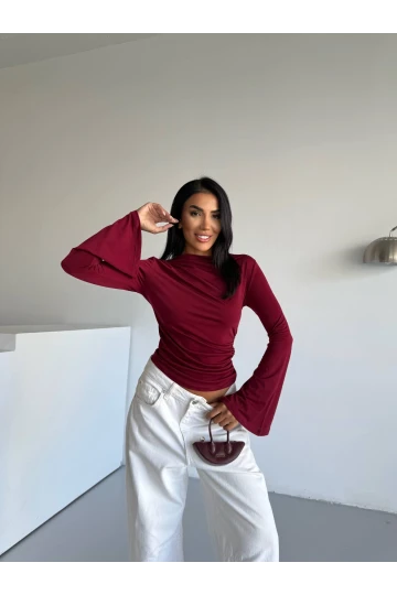 Kadın Bordo Drape Detaylı İspanyol Kol Sany Bluz HZL25W-FRY123431