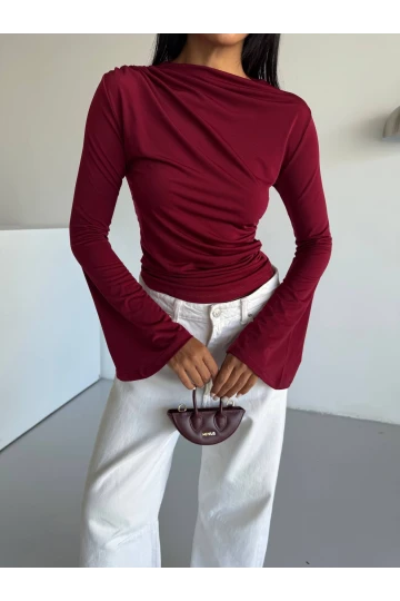 Kadın Bordo Drape Detaylı İspanyol Kol Sany Bluz HZL25W-FRY123431