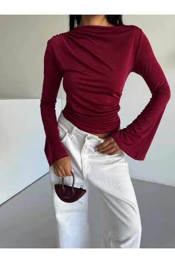 Kadın Bordo Drape Detaylı İspanyol Kol Sany Bluz HZL25W-FRY123431