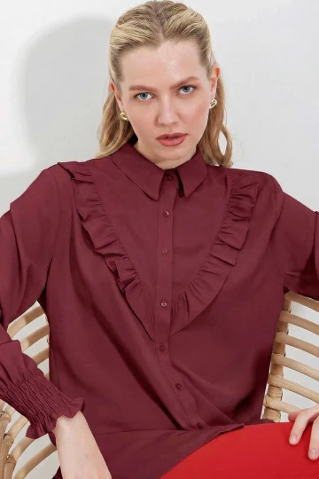 Kadın Bordo Fırfır Detaylı Uzun Kollu Şık Gömlek HZL25W-BD1202231