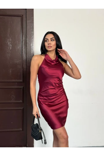 Kadın Bordo Halter Yaka Saten Kumaş Sırt Dekolteli Mini Elbise HZL26W-FRY123631