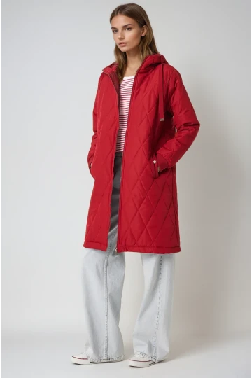 Kadın Bordo Kapitone Uzun Şişme Mont HZL22W-BD151381