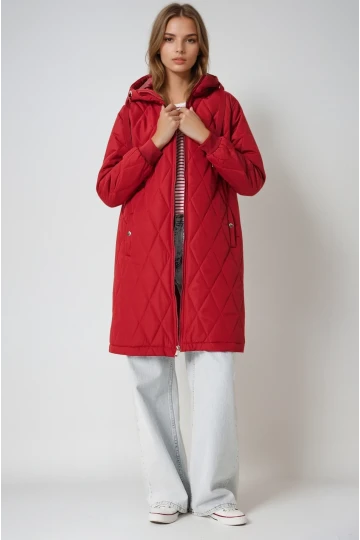 Kadın Bordo Kapitone Uzun Şişme Mont HZL22W-BD151381