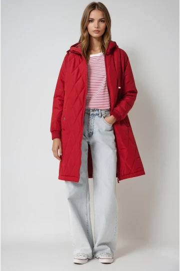 Kadın Bordo Kapitone Uzun Şişme Mont HZL22W-BD151381