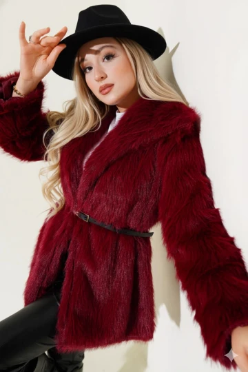 Kadın Bordo Kemer Detaylı Astarlı Peluş Kürk Mont HZL25W-BD191561