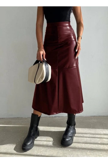 Kadın Bordo Midi Boy Fermuar Kapamalı Suni Deri Etek  HZL25W-FRY121651