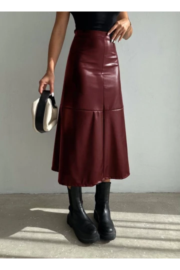 Kadın Bordo Midi Boy Fermuar Kapamalı Suni Deri Etek  HZL25W-FRY121651