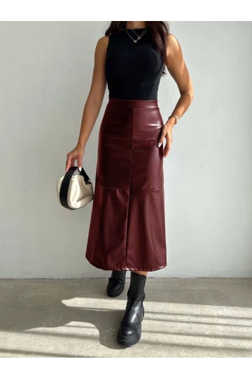 Kadın Bordo Midi Boy Fermuar Kapamalı Suni Deri Etek  HZL25W-FRY121651