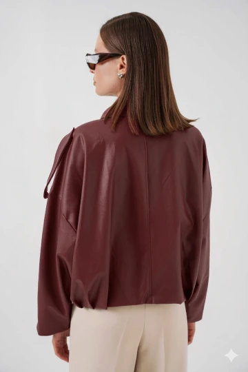 Kadın Bordo Oversize Fermuarlı ve Düğmeli Yandan Cepli Suni Deri Ceket HZL25W-BD110551