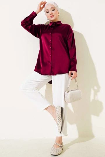 Kadın Bordo Saten Yüzeyli Tesettür Gömlek HZL25W-BD139641