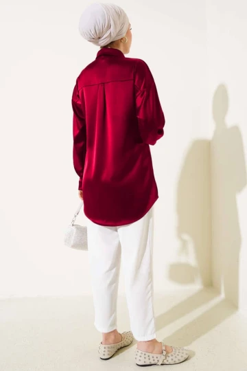 Kadın Bordo Saten Yüzeyli Tesettür Gömlek HZL25W-BD139641